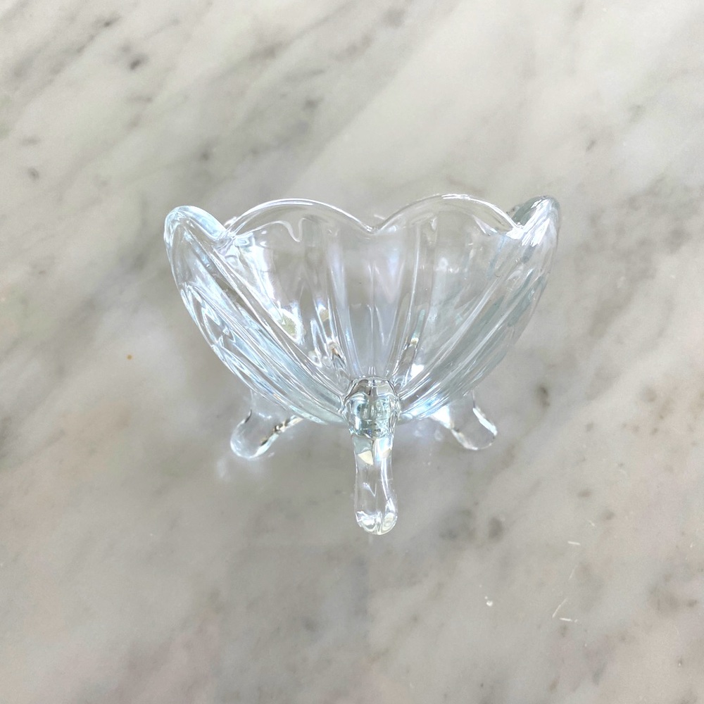 Glass candy dish w/ scalloped edge & three feet
